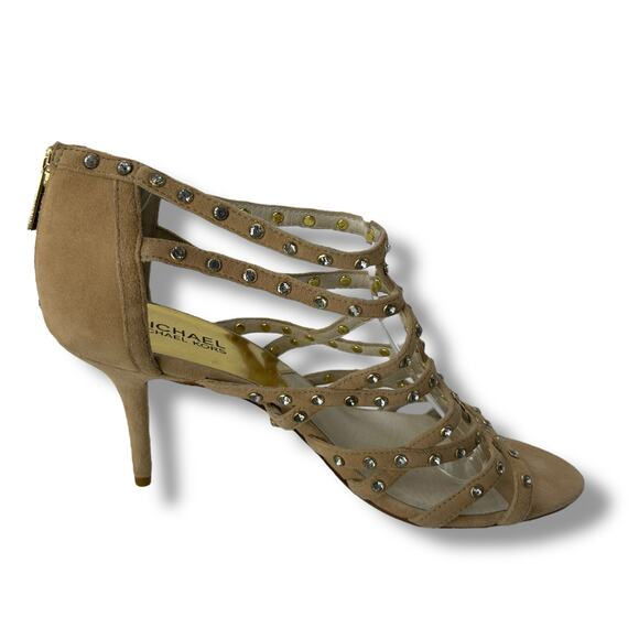 Michael Kors Strappy Heels Size 10 Tan Nude Studded Formal Fancy Open Sandals - Picture 5 of 10